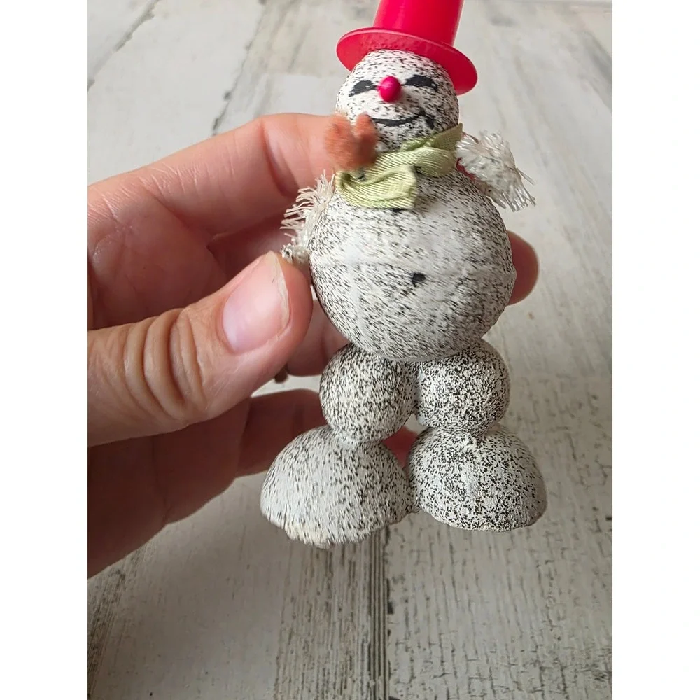 Vintage Japan putz snowman ornament top hat Frosty mica Xmas tree chenille